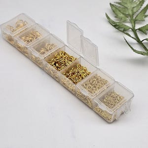 Op de afbeelding: Een doorzichtige plastic organizer gevuld met verschillende maten goudkleurige sprongringen. De organizer heeft meerdere compartimenten, elk met een ander type ring. Een takje groen blad is op de achtergrond.
