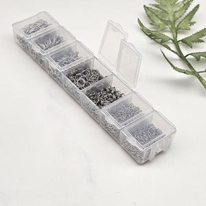 Op de afbeelding: Een doorzichtige plastic organizer gevuld met kleine, zilverkleurige sprongringen. De organizer heeft meerdere compartimenten, elk met een andere hoeveelheid ringen. Een groene varentak staat op de achtergrond.