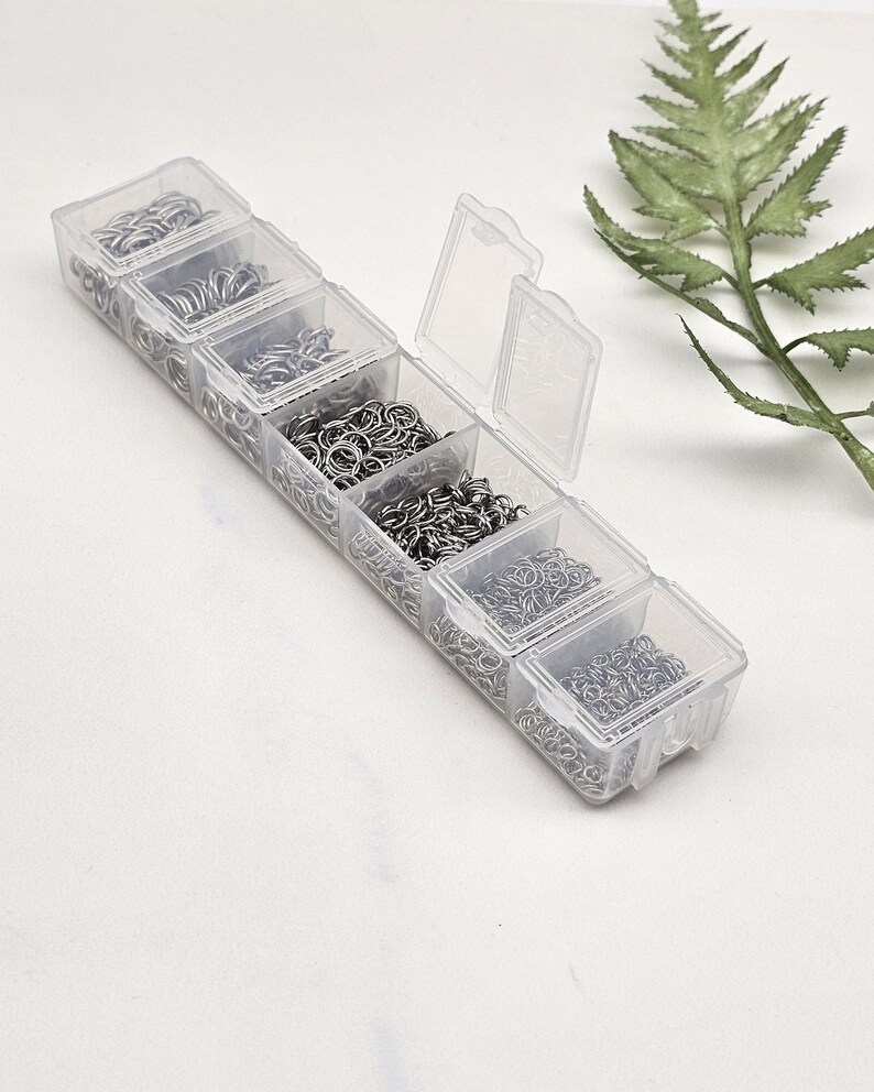 Op de afbeelding: Een doorzichtige plastic organizer gevuld met kleine, zilverkleurige sprongringen. De organizer heeft meerdere compartimenten, elk met een andere hoeveelheid ringen. Een groene varentak staat op de achtergrond.