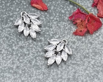 Cubic Zirconia Leaf Charms,2 PCS ,Charm Connectors, Rhodium Plated Copper Charms, Zirconia Charms , 1 Hole Charms.