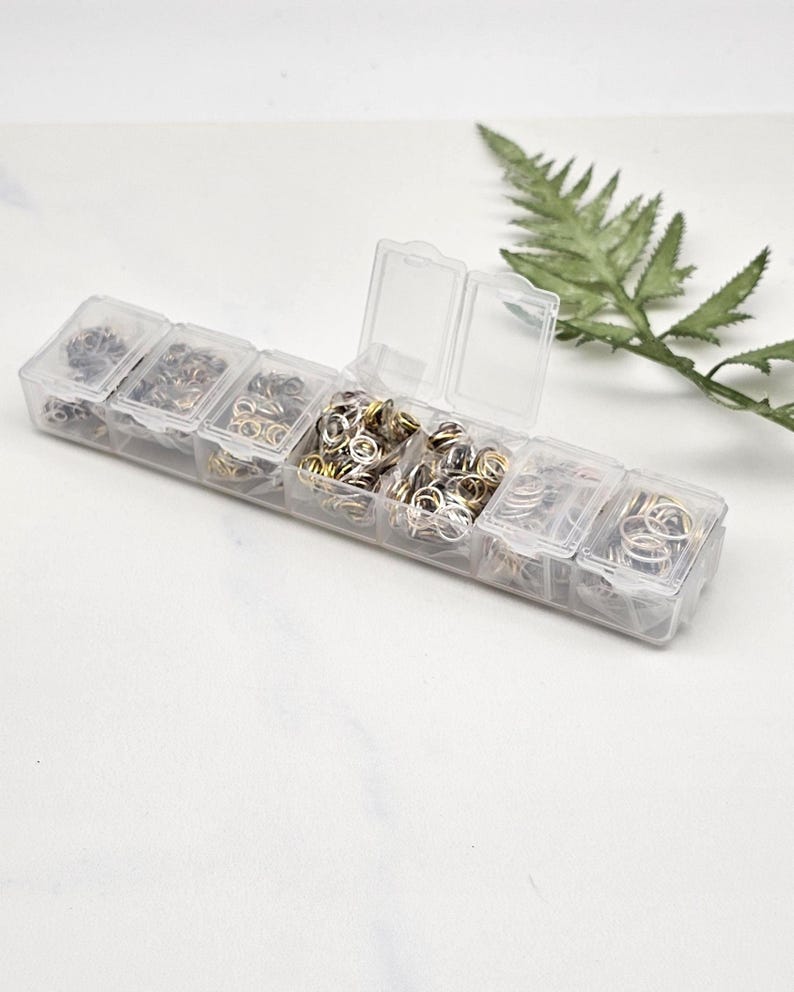 Op de afbeelding: Een doorzichtige plastic organizer gevuld met verschillende maten en kleuren van jumpringen. De jumpringen zijn zilver, goud en brons. Een groen varenblad staat op de achtergrond.