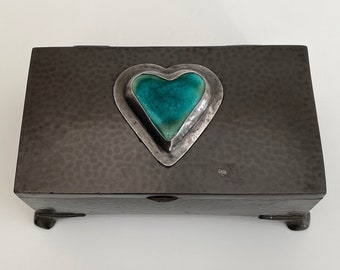 Arts and Crafts Movement pewter box with Ruskin pottery style heart
