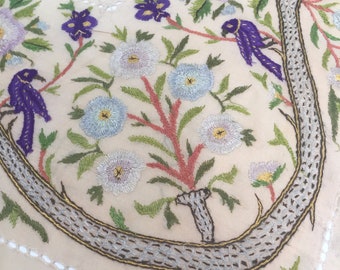 Antique bed cover silk embroidered with birds and flowers