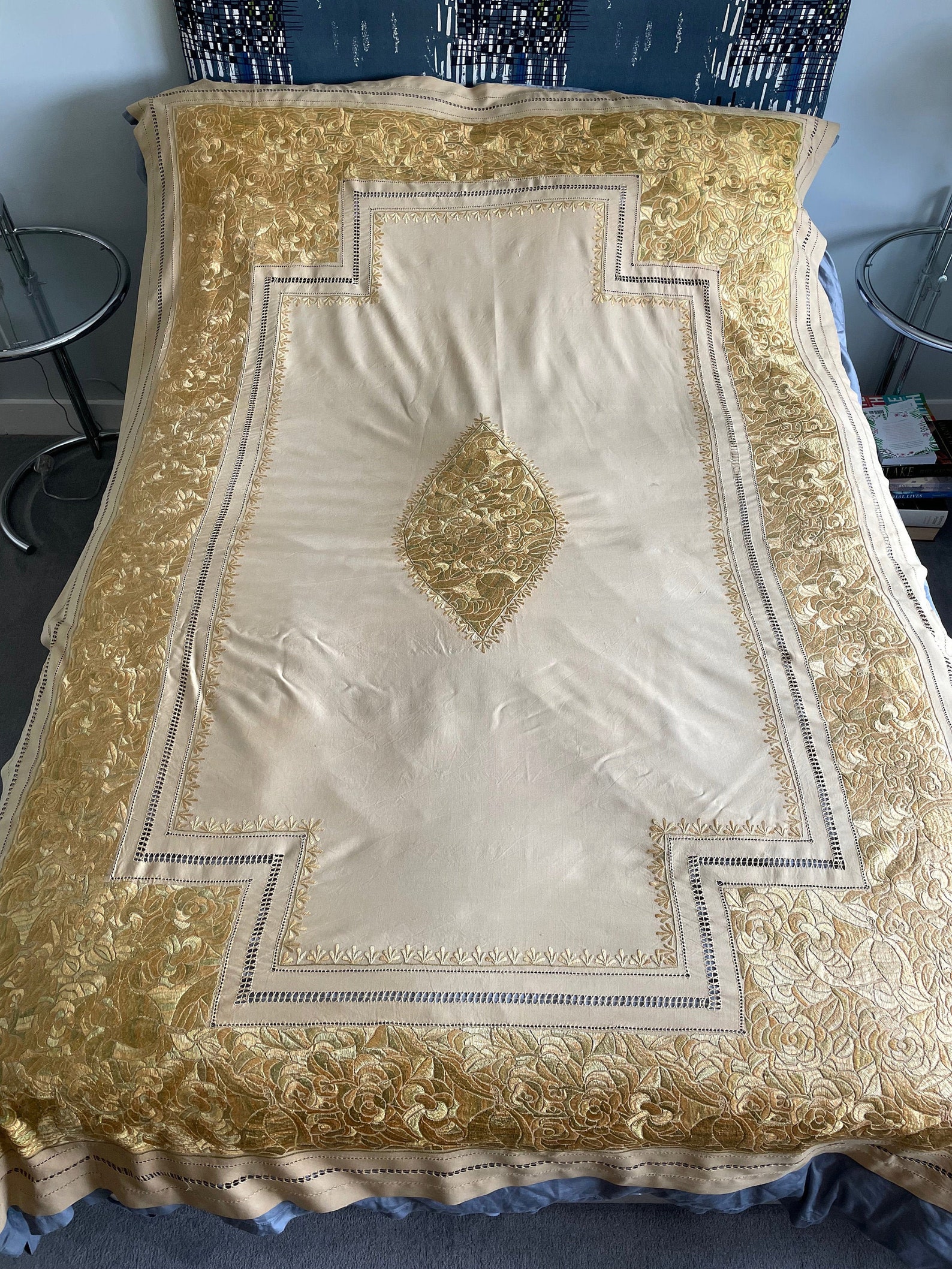 Antique Bed Cover in Raw Silk Embroidered Etsy