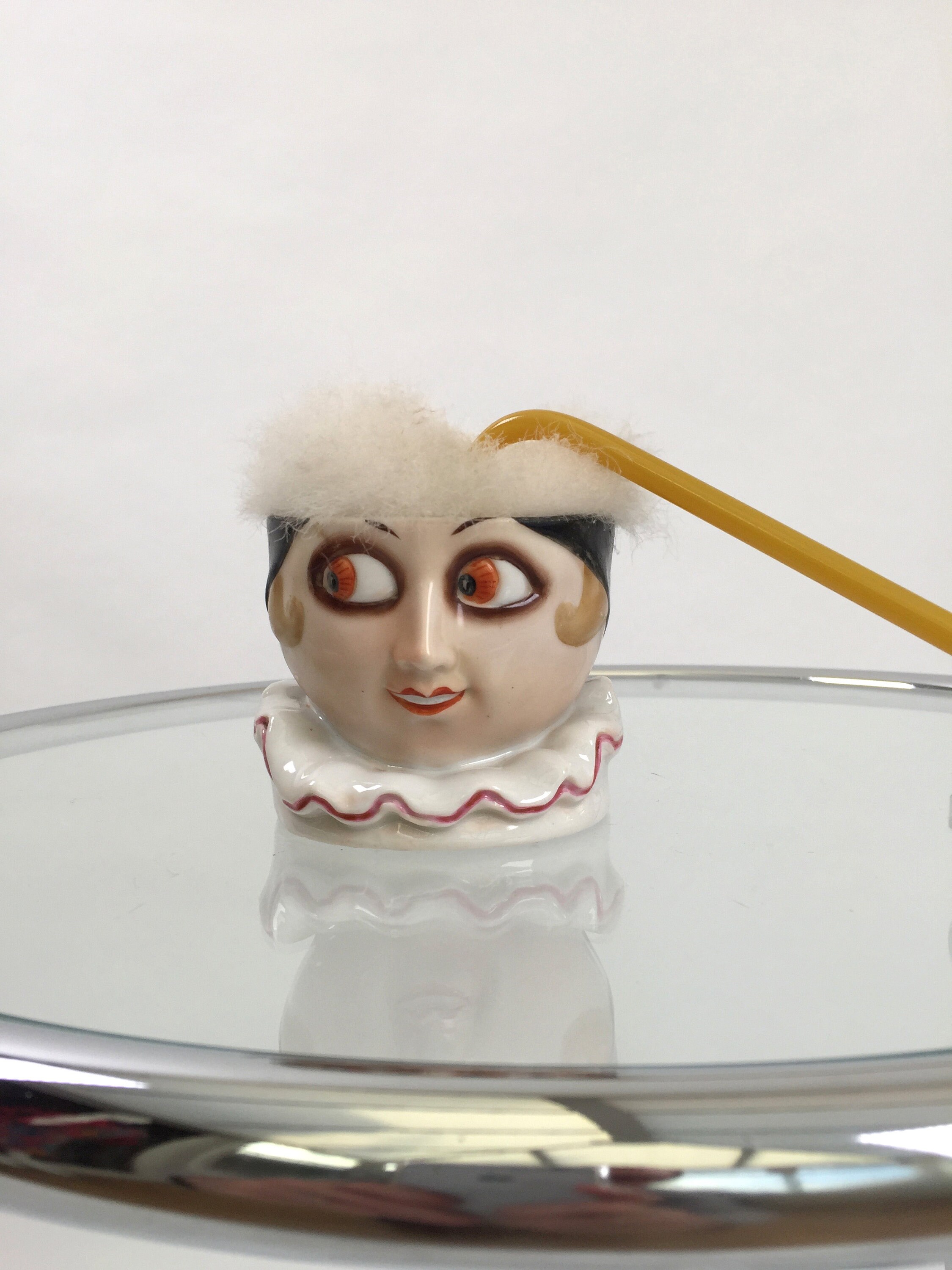 Image of 1920S Powder Bowl Pierette Clown Ceramic With Swansdown Puff Vintage Antique