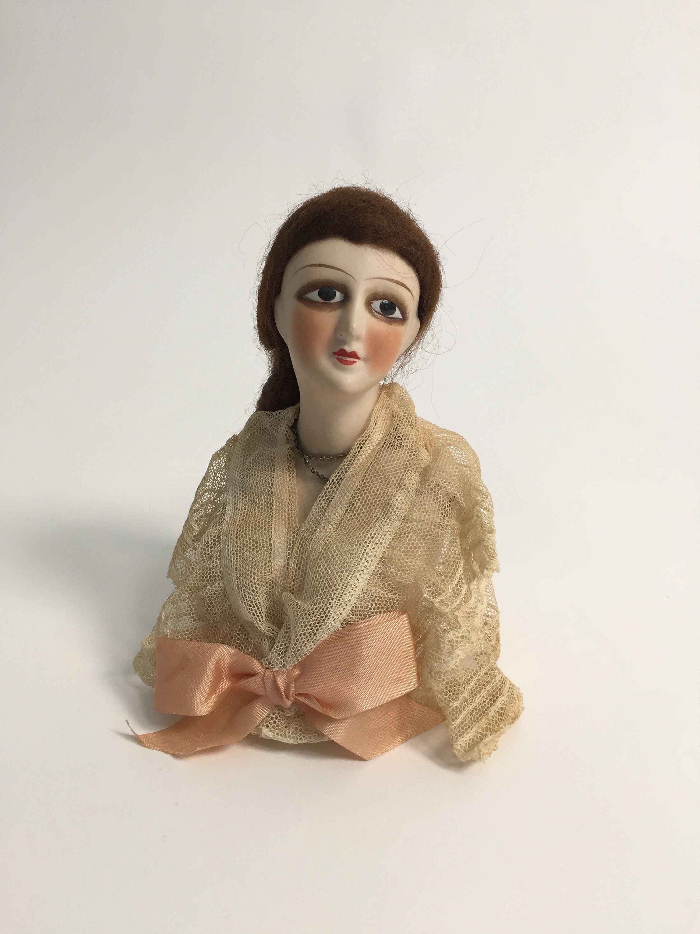 Image of 1920S Bisque Ceramic Half Doll With Hair Antique Vintage