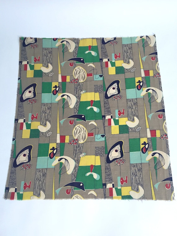 Vintage 1950s Linen Abstract Fabric, Mid Century Modern
