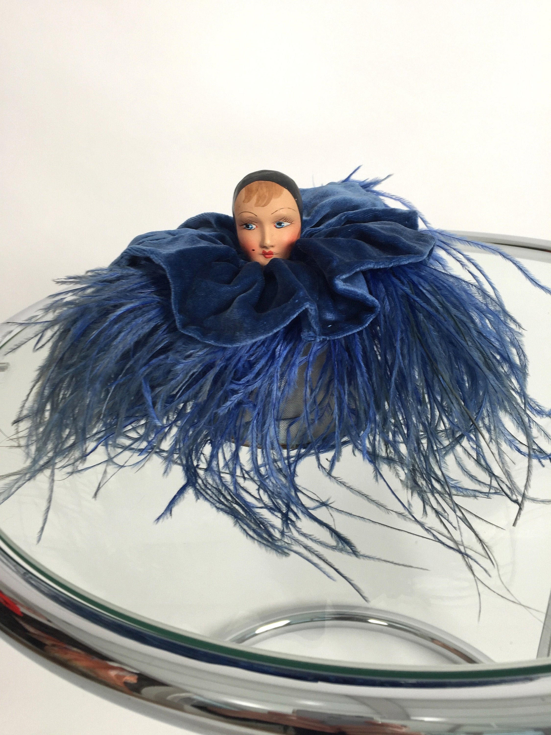 Image of 1920S Powder Bowl Half Doll With Ostrich Feather & Velvet Vintage Antique Swansdown