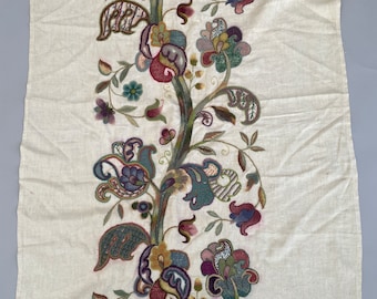 Large antique crewel work embroidered textile panel