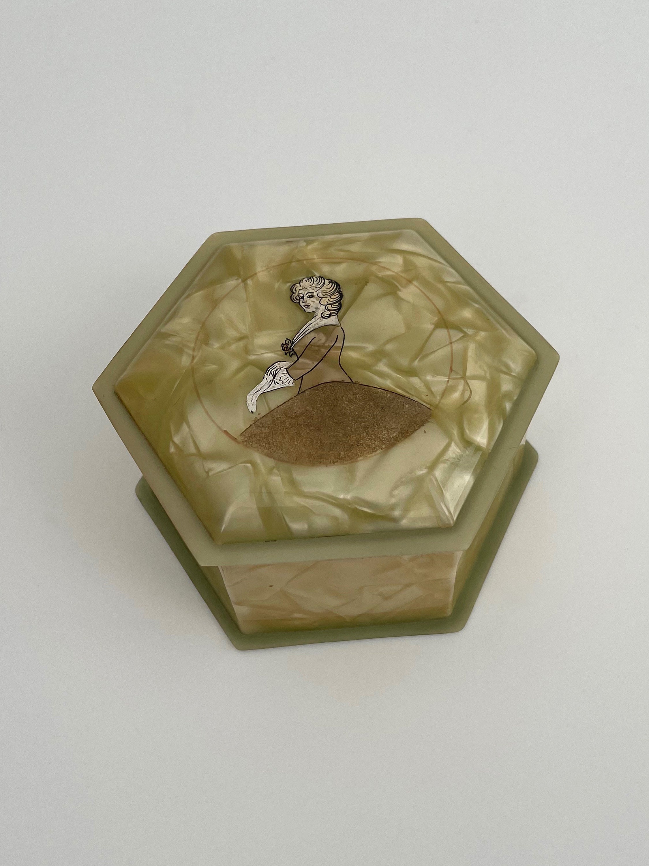 1920s Powder Box in Lucite With Lady Design and Powder Puff Etsy