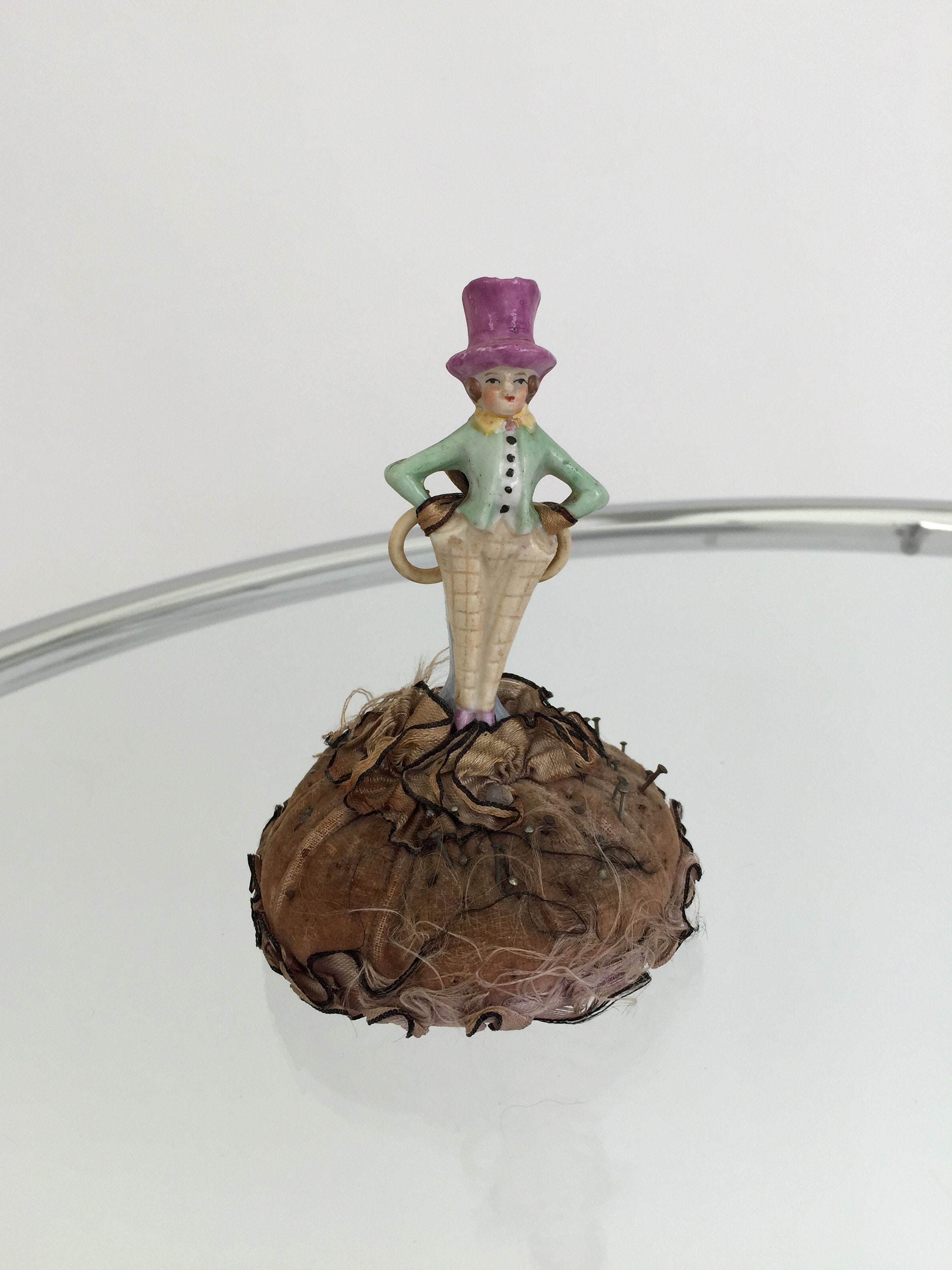 Image of 1920S Top Hat Half Doll Hatpin Holder Ceramic Vintage Antique