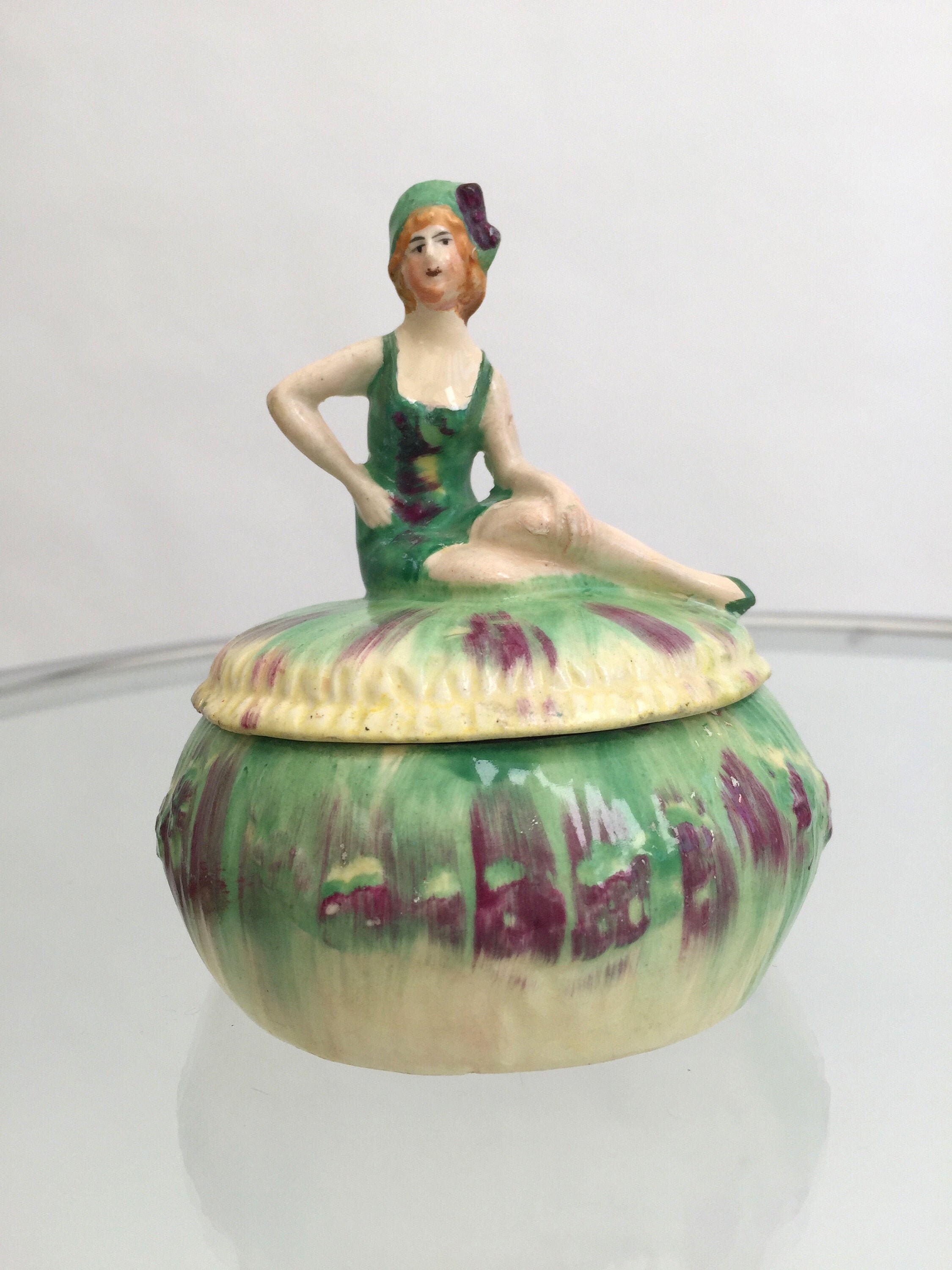 Image of 1920S Powder Bowl Bathing Beauty Ceramic Vintage Antique