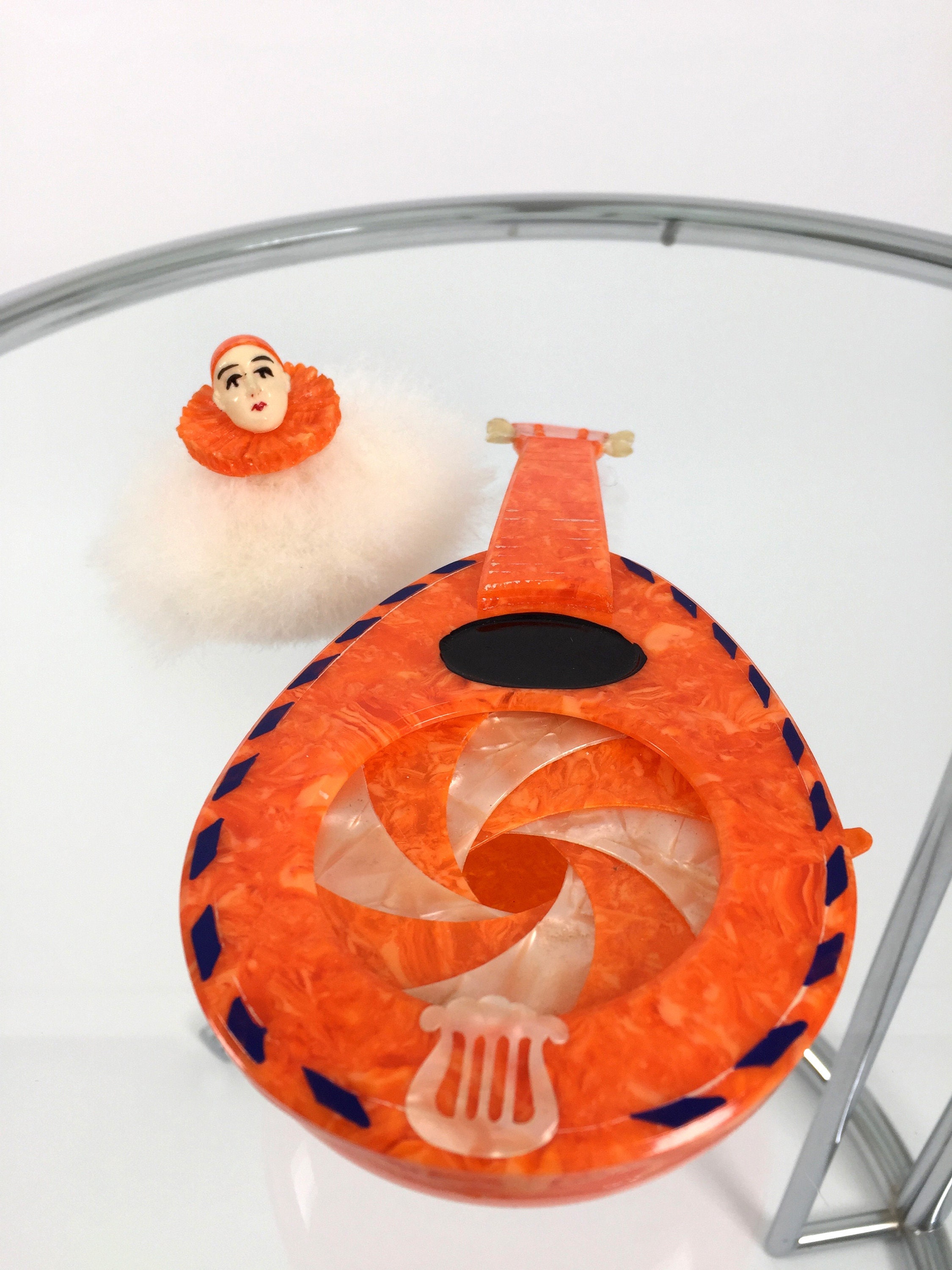 Image of 1920S Mandolin Pierrot in Celluloid With Swansdown Powder Puff Vintage Antique