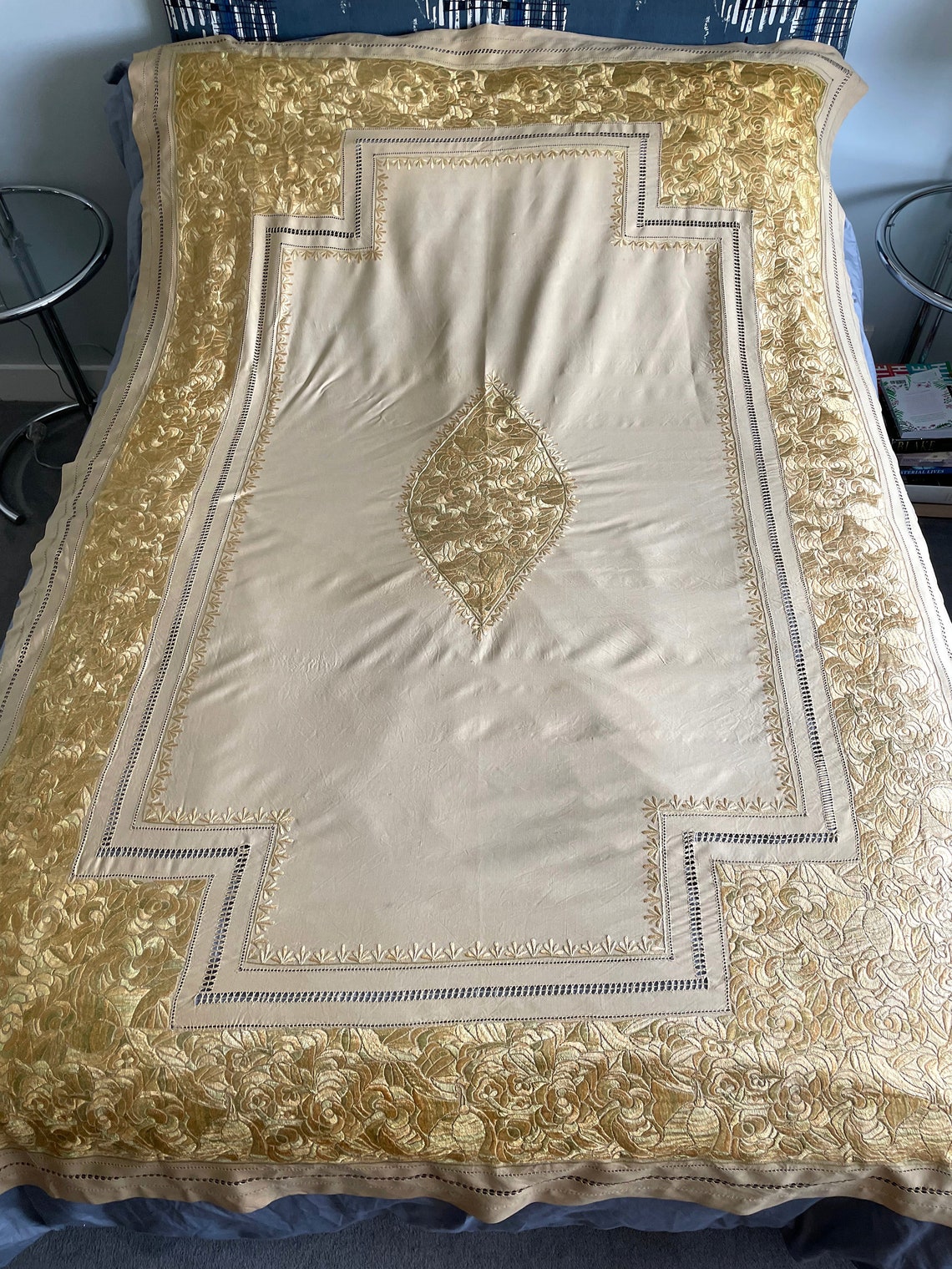 Antique Bed Cover in Raw Silk Embroidered Etsy UK