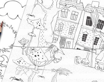 Puede incluir: Dos páginas para colorear con temática de Halloween con ilustraciones detalladas en línea. Una presenta una casa embrujada, una bruja y calabazas. La otra muestra una telaraña y otros elementos espeluznantes. Lápices de colores visibles en el fondo.