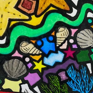 May include: Colorful illustration of an underwater scene with yellow starfish, seashells, and coral. The artwork features a green wavy line, a blue geometric shape, and various other shapes and colors, all outlined in black.