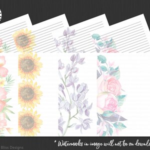 Puede incluir: Conjunto de cuatro hojas de papel de carta con líneas imprimibles de 8,5 x 11 pulgadas con bordes florales de acuarela. Los bordes presentan flores de hibisco rosas, girasoles amarillos, flores moradas y rosas rosas.