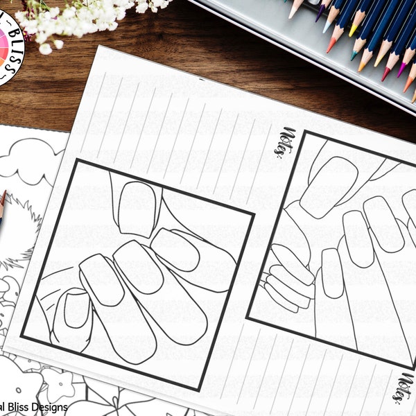 Printable Coloring Page, Nail Art Design, Practice, Worksheet, Manicure, Instant Download