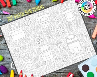 Printable Coloring Page, Robots, Kids Printable Craft, Adult Coloring, Instant Download