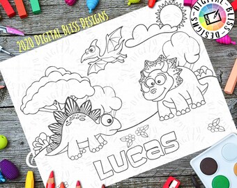 Printable Coloring Page, Forest Dinosaurs, Custom Message, Personalized, Child's Coloring Page