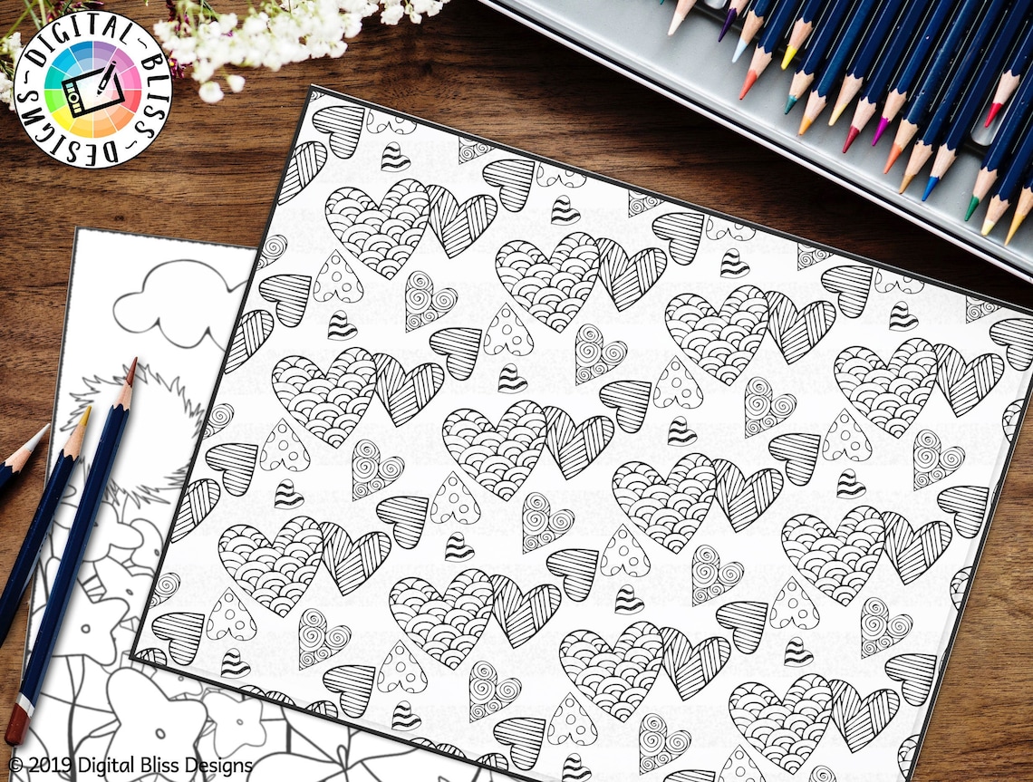 Printable Coloring Page, Hearts, Kids Printable Craft, Adult Coloring ...