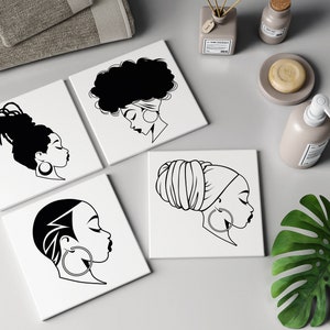 Woman of Color, Natural Hair Coils, 4 Ceramic Signature Coasters for Gifts, Coasters Personalized, Coaster Set Customizable