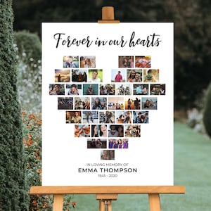 Forever In Our Hearts, Funeral Poster Memorial Board Photo Collage Welcome Sign, Guestbook Table Display, Celebration of Life Gift, CL36