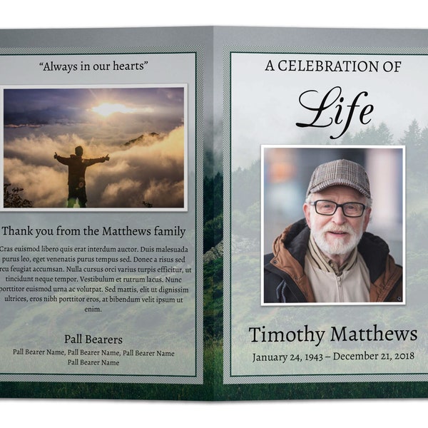 Funeral Program Template Nature Forest Outdoor Trees Lake Mountain Sky, Word, Celebration of Life Obituary Memorial Tribute Service, ST13