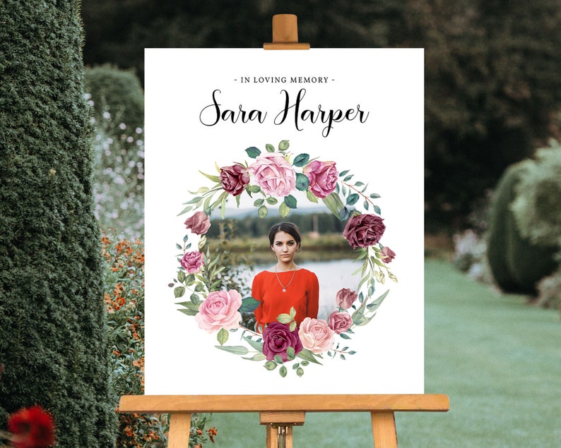Flower Floral Wreath Funeral Poster Welcome Sign Display Celebration of Life Memorial Photo Picture Gift Favor CR14 Guest Book Table