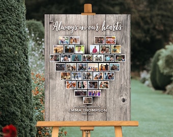 Heart Collage for Funeral Welcome Sign or Memorial Poster, Rustic Wood, Display Guest Book Table, Celebration of Life Photo Gift Favor, CL29