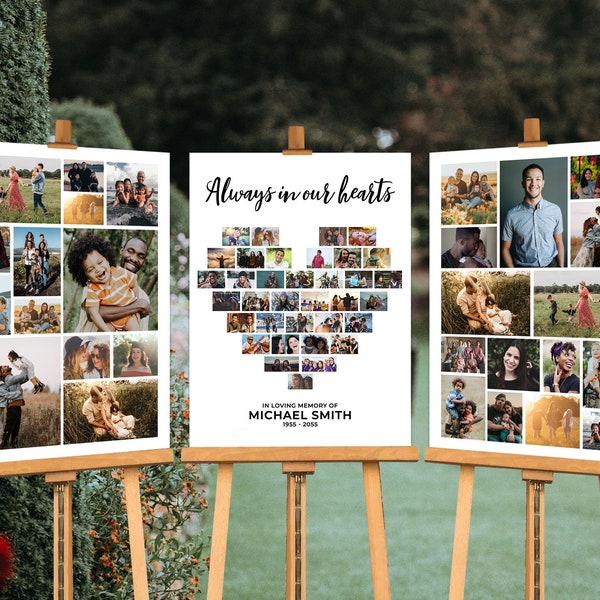 Funeral Photo Display Set | Memorial Poster Heart Collage Template | Celebration of Life Decorations Ideas | Funeral Welcome Signs