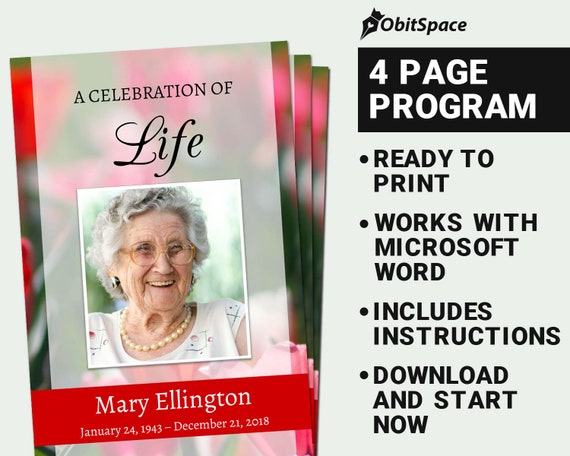 funeral program template ms word funeral obituary memorial celebration or tribute service for mother or mom obitspace red flowers word funeral template