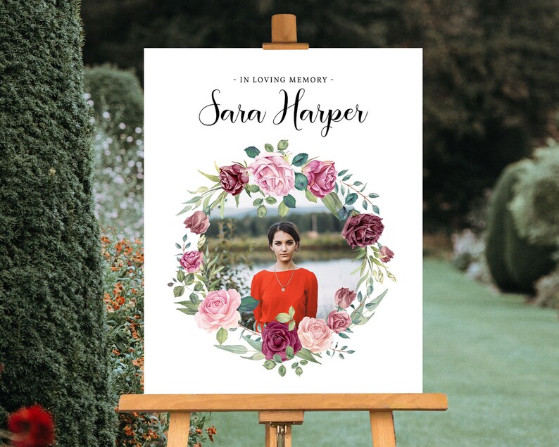 Flower Floral Wreath Funeral Poster Welcome Sign Display Celebration of Life Memorial Photo Picture Gift Favor CR14 Guest Book Table