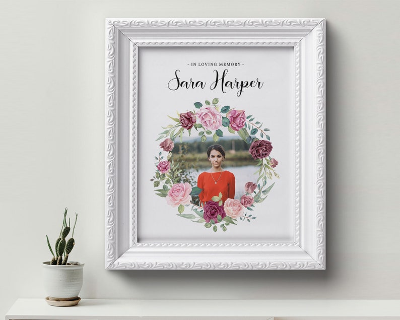 Flower Floral Wreath Funeral Poster Welcome Sign Display Celebration of Life Memorial Photo Picture Gift Favor CR14 Guest Book Table