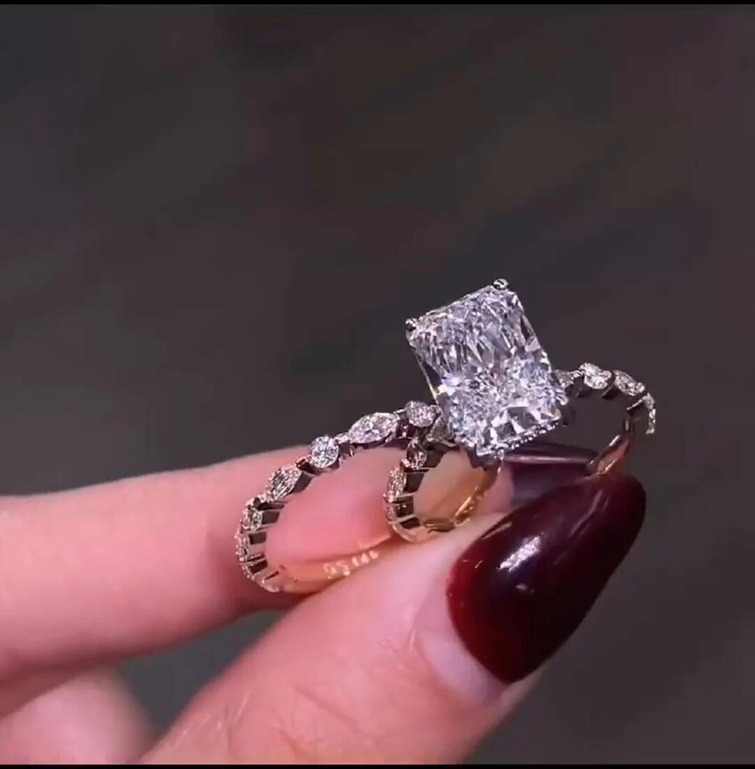 3 CT Radiant Cut Moissanite Wedding Bridal Ring Set 14K Solid Gold With ...