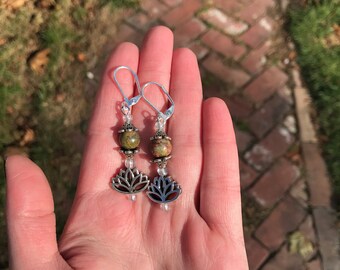 Crystal Dangle Earrings. Lotus Dangle Earrings. Jasper Earrings. Crystal Earrings. Crystal Jewelry. Unakite Earrings. Drop Earrings.