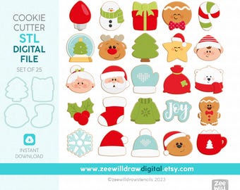 Könnte beinhalten: Ein Set mit 25 Weihnachts-Ausstechformen in STL-Digitalformat. Die Designs beinhalten einen Schneemann, einen Weihnachtsbaum, einen Strumpf, einen Lebkuchenmann, einen Weihnachtsmann, ein Rentier, eine Schneeflocke, eine Mütze, eine Geschenkbox, einen Zuckerstock, einen Stern, eine Glocke, einen Stechpalmenzweig, einen Weihnachtshut, eine Tasse, einen Bären, einen Gnom, eine Oma und ein "Freude"-Schild.