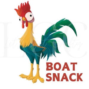 May include: A cartoon rooster with red, yellow, and blue feathers stands on a white background. The rooster has large, round eyes and a surprised expression. The text "BOAT SNACK" is written in red letters below the rooster.