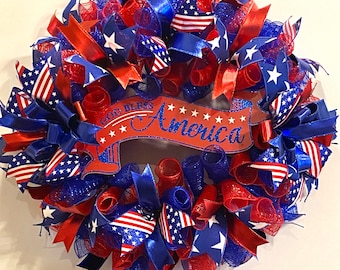 Patriotic Front Door Wreath, God Bless America, Stars & Stripes