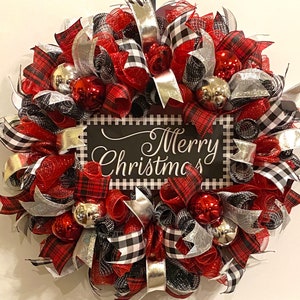 Christmas Wreath, Buffalo Plaid Wreath, Christmas Wreaths, Red and Black Buffalo Plaid Christmas Wreath,Merry Christmas Buffalo Plaid Wreath