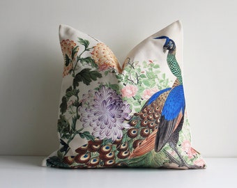Peacock and Chrysanthemum Throw Pillow Cover - Animal Decorative Cushion Cover, Birds Pillow case 20"x20" inch / 50x50cm / 45x45/ 18x18