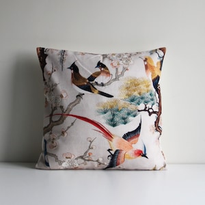 Colors Enhanced Qing Dynasty Birds Chinoiserie Throw Pillow Cover - Chinoise Exotique Scenic Cushion Cover, Ancient 18x18 20x20 Pillow Case