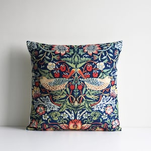 Strawberry Thief - William Morris Art Nouveau Classic Decorative Throw Pillow Cover Navy Blue BG Decor Pillow Case 18x18 20x20 Cushion Cover