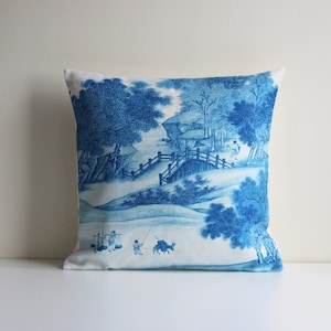 Blue and White Porcelain Bridge Chinoiserie Throw Pillow Cover - Asian Exotic Cushion Cover 18x18 20x20 Pillow Case