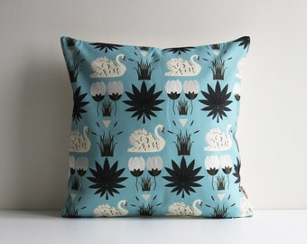 White Swans in Blue Lake Throw Pillow Cover