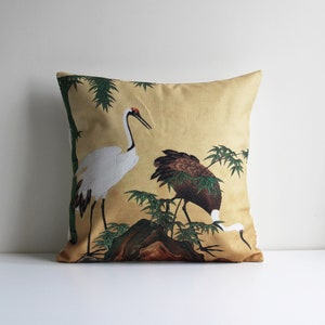 Two Cranes Under Bamboo Throw Pillow Cover - Japanese Style Decor Cushion Cover, Asian Birds Decor Pillow Case 18x18 20x20 16x16