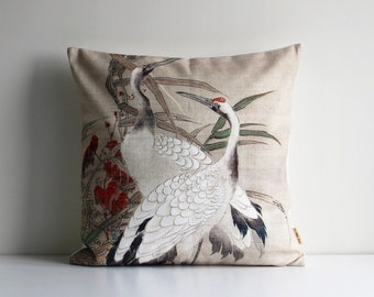 White Cranes Throw Pillow Cover - Japanese Style Decorative Cushion Covers , Animal Decor Pillow Case 18x18 20x20 16x16 Housewarming Gifts