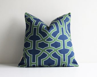 Green Bamboo Navy Background Geometric Chinoiserie Throw Pillow Cover - Oriental Exotique Cushion Cover, Old Fashion 18x18 20x20 Pillow Case