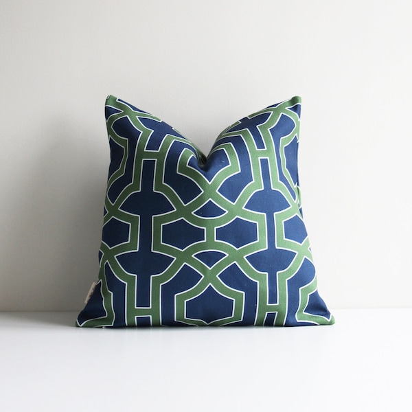 Green Bamboo Navy Background Geometric Chinoiserie Throw Pillow Cover - Oriental Exotique Cushion Cover, Old Fashion 18x18 20x20 Pillow Case