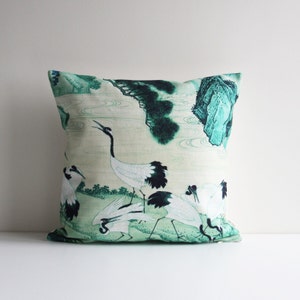 Jade Hue Gathering Cranes Throw Pillow Cover - Asian Style Decor Cushion Cover, Asian Birds Decor Pillow Case 18x18 20x20 16x16, Home Decor